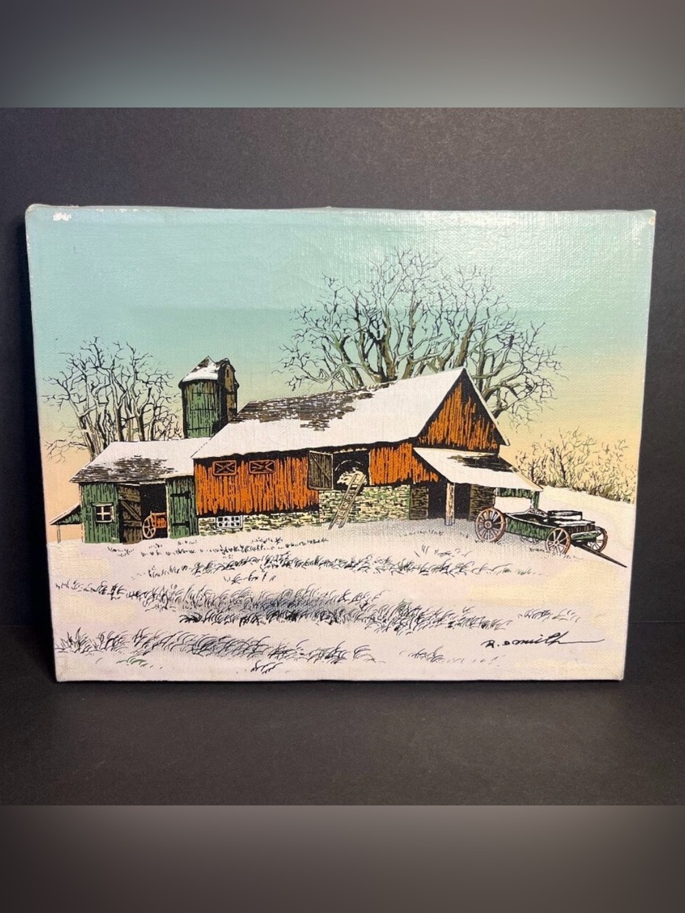 Original Winter Barn Farm House Signed R Smith Oil Canvas Painting Art 10 x 8"